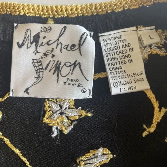 Vintage 1998 Michael Simon Christmas Cardigan Womens L Black Gold Trim Beaded - Picture 3 of 14
